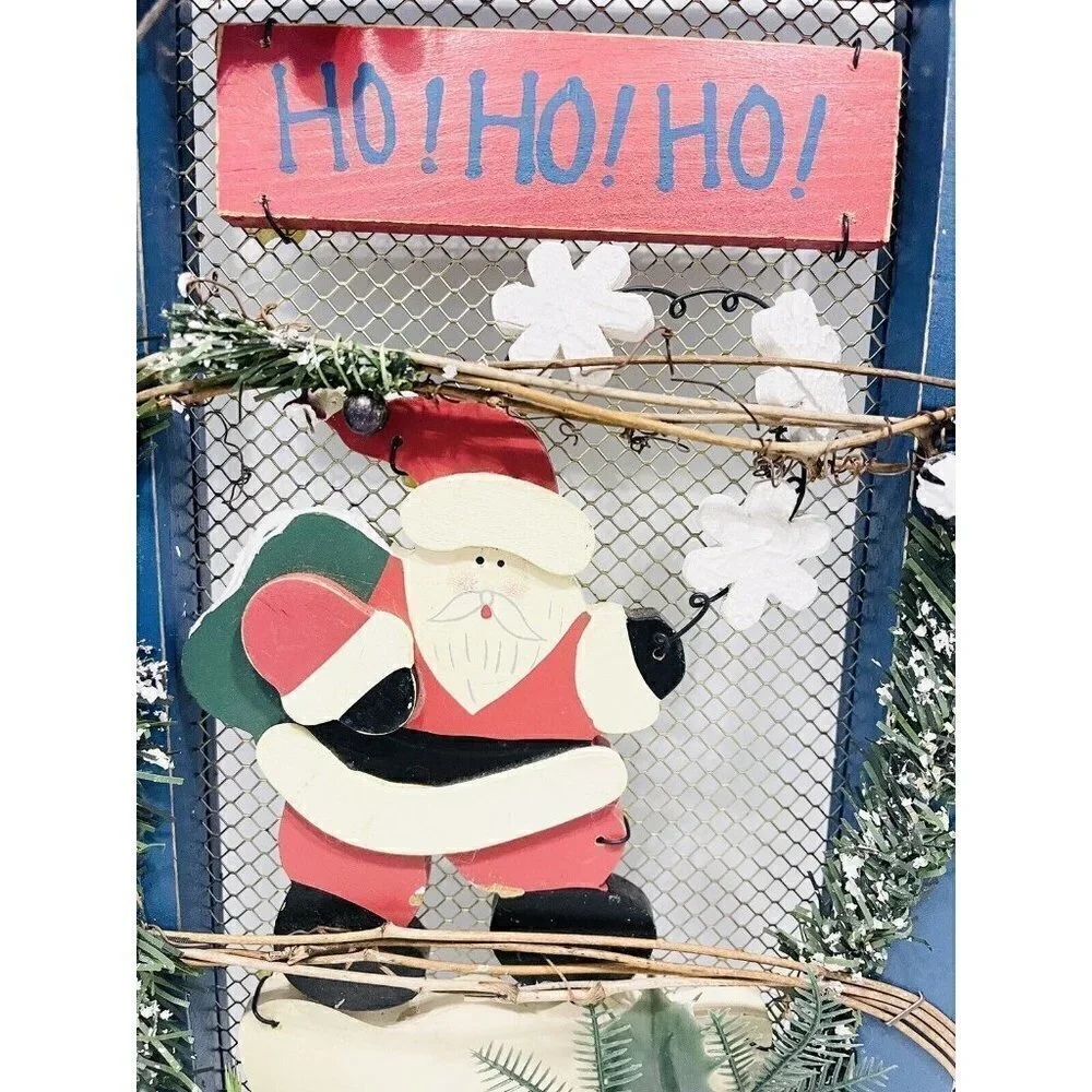 Christmas Santa Wall Hanging Wood Decor Sign HO HO HO Door Red White Blue